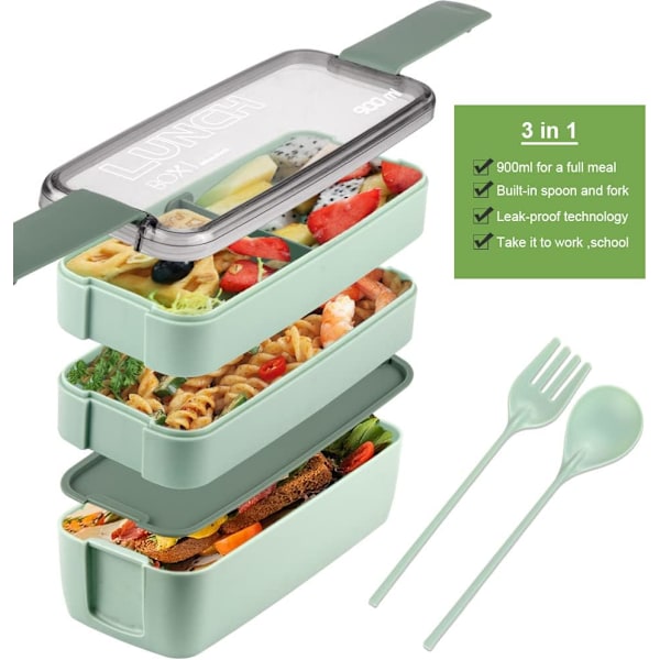 3-osastoinen pinottava Bento-lounasrasia - vehnäolki, tiivis, 901 ml - BPA-vapaa, mikroaaltouunin ja astianpesukoneen kestävä aterian valmistukseen green