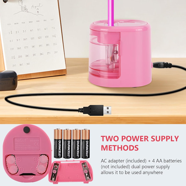 Automatisk elektrisk blyantspisser med dobbel hull design for standard- og fargeblyanter, perfekt for skole, kontor og hjemmebruk, rosa