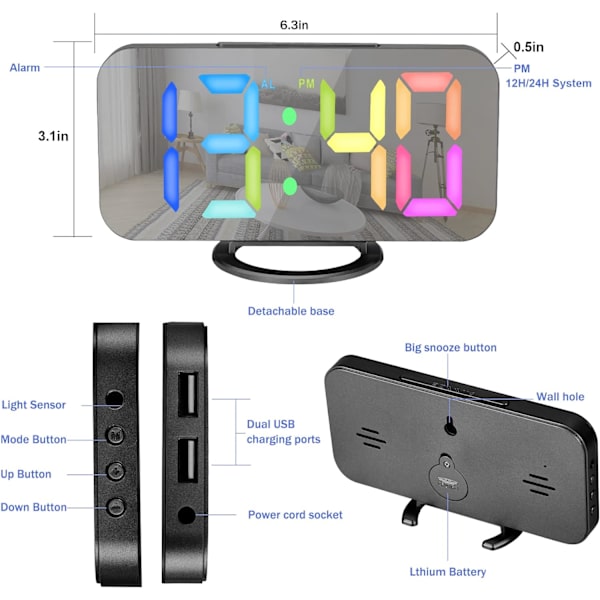 Digital väckarklocka, 6,6\\u201d LED-spegel elektriska väckarklockor för sovrum, digital klocka med 2 USB-portar, manuell/automatisk ljusstyrka, väckarklocka med Black