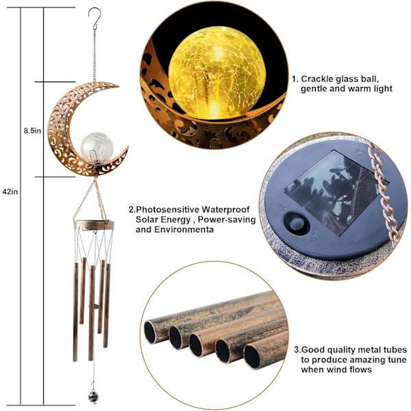 Måne Vindspel - LED Crackle Glaskula, Ihålig Måne Design i Metall, Utomhusdekor för Trädgård, Uteplats, Gård - Melodisk Vindklocka, Nig moon