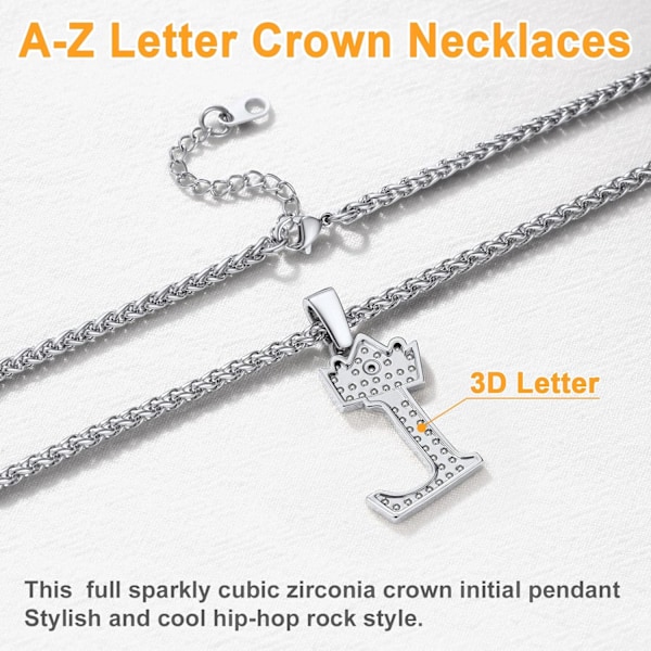 Krone Initial A-Z Halskjede, Iced Out Bokstavanheng med 22-24 Tommers Kjede, Menn Kvinner Bling Hip Hop Alfabet Navn Smykker Gave Store Initialer Halskjeder L Silver