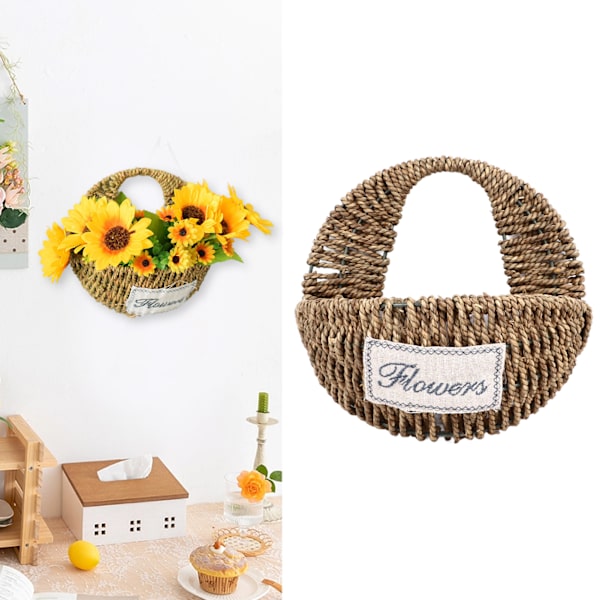 Vävda blomkorg rustik retro stil brun färg dekorativ multifunktionell halmkorg för kontorsfest hem Large