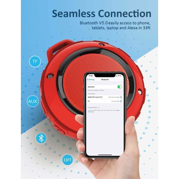 Vanntett Bluetooth-høyttaler for utendørs bruk, trådløs bærbar mini-dusjreisehøyttaler med subwoofer, forbedret bass, innebygd mikrofon Red