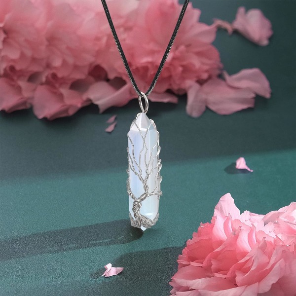 Läkande kristallhalsband Livets träd Wire Wrapped Natursten Spets Hänge Halsband Hexagonal Reiki Spirituell Kvarts Ädelsten Smycken för kvinnor M Leather Chain8