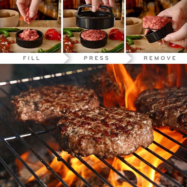 3-in-1 Burgeriprässi - Tarttumaton pihvimuotti täytetyille burgereille, slidereille ja kasvispihveille, helppo puhdistaa, grilliin ja keittiöön Black