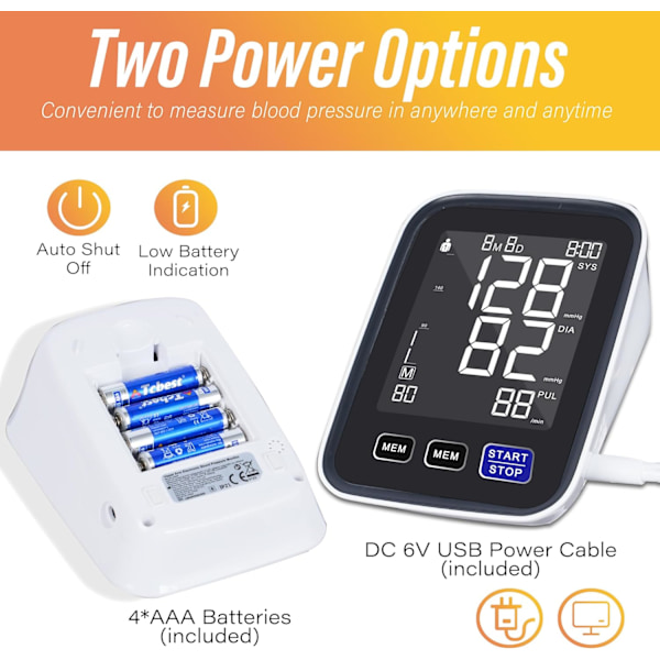 Automatisk blodtryksmåler til overarmen, dobbelt bruger 2x90 hukommelser digital blodtryksmanchet med 4*AAA batterier & DC kabel