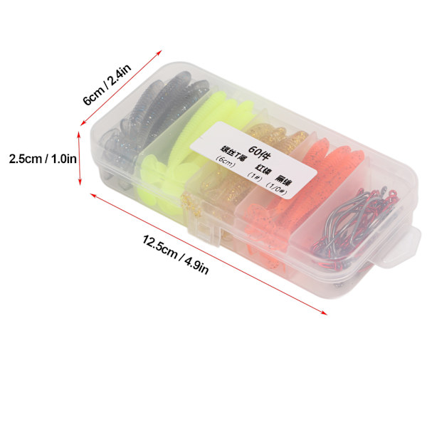 60 st/låda Mjukt bete fiskedrag kit med rostfritt stål vev krokar artificiell T svans PVC mjukt bete beten för basfiske 6cm