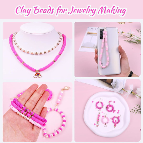 3500 PCS Rosa Lera Pärlor Kit för Armband Tillverkning, Polymer Heishi Pärlor för Smyckestillverkning, Vänskapsarmband Kit för Flickor Vuxna, Distanspärla Be Pink