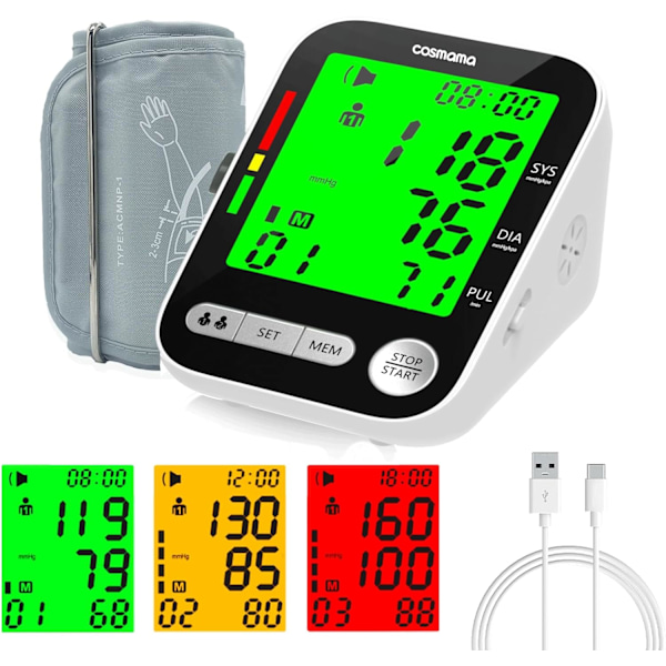 Blodtryksmåler, automatisk blodtryksapparat til hjemmebrug, BP-monitor justerbar 16,5\" armbånd, 4,2\" stort display genopladelig stemme B