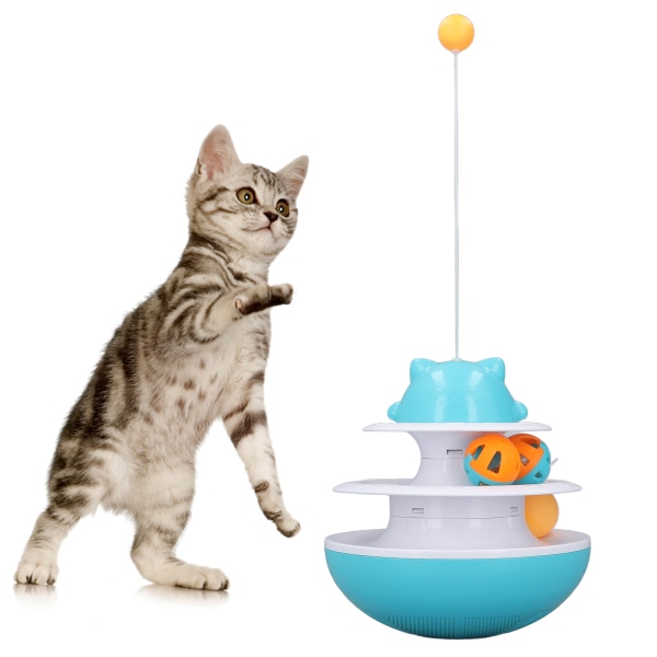 Cat Turntable Toy 2 Level Interactive Exercise Kitten Track Tower Puzzle Toy with Rolling BallLake Blue