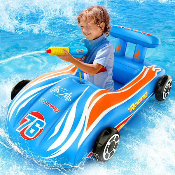 Oppustelig racerbil pool float med vandpistol - Sjov at ride på for børn i alderen 4 - 8, sommer udendørs swimmingpool legetøj til drenge og piger blue 47*10939cm