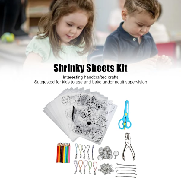 Värmeförminskningsplastark Kit Flersyfte DIY Krympkonst Kit med Hålslag Pennor Nyckelringar Saxar för Hantverk