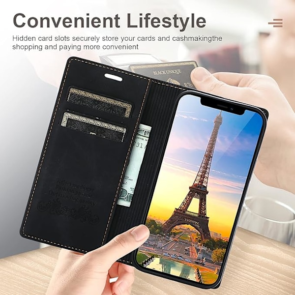 Etui til iPhone 13 Pro med kortholder, sort PU læder etui, Wallet Flip til Apple iPhone 6,1 tommer