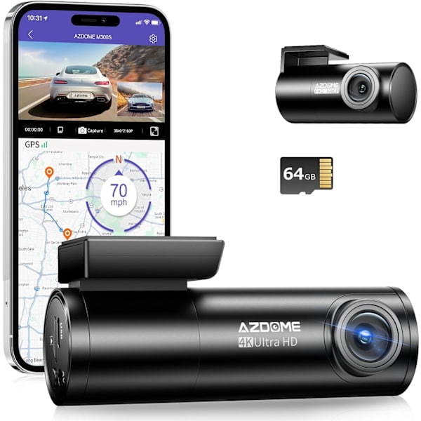 4K Dash Cam 5G WiFi GPS, WDR Super Night Vision Camera för bil, G-sensor, parkeringsläge, gratis 64 GB SD-kort, 170° vidvinkel Dashcam, loop-inspelning, V
