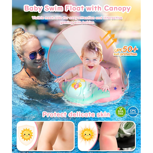 Baby Pool Float med UPF50+ Solskærm, Justerbart Sikkerhedssæde & Oppustelig Balance Halebold - 3-36 Måneder (Pink, L) pink 72*50