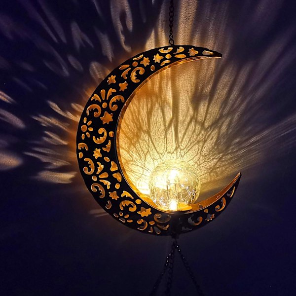 Måne Vindspel - LED Crackle Glaskula, Ihålig Måne Design i Metall, Utomhusdekor för Trädgård, Uteplats, Gård - Melodisk Vindklocka, Nig moon
