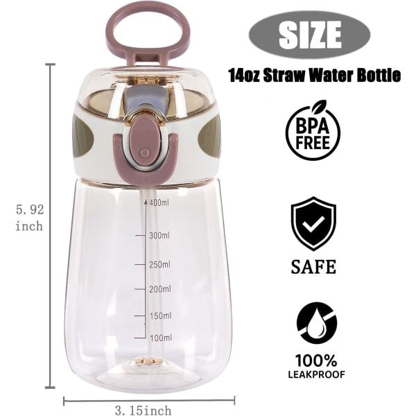 Vattenflaska med sugrör BPA-fri lätt 400 ml vattendricksflaska för småbarn med handtag halmflaska - rosa