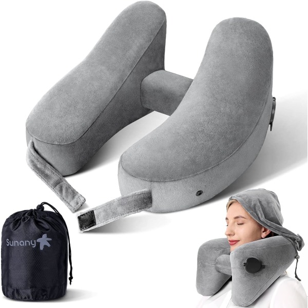 Nackkudde för resor Uppblåsbar flygplansdyna Stöder bekvämt huvud, nacke och haka, uppblåsbar resedyna med mjuk velouröverdrag, hatt, bärbar Comfort Grey with Hat
