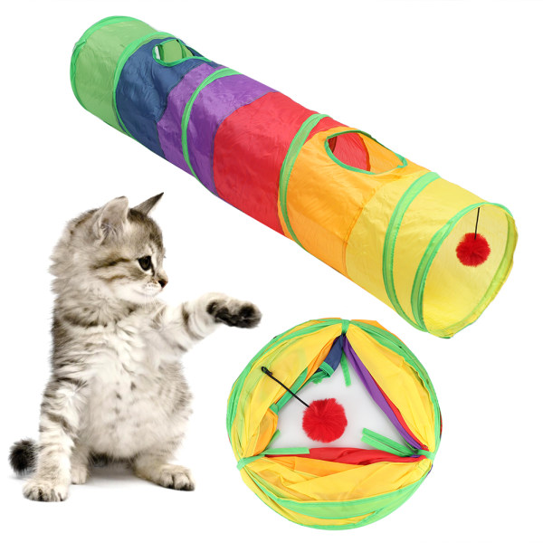 Pet Cat Polyester Sammenleggbar Flerfarget Single Pass Tunnel med plysjballleketøy