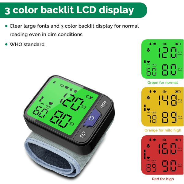 Automatisk blodtrykksmåler for håndledd med stemme, digital 3-farget bakgrunnsbelyst LCD-skjerm, 240 avlesninger for to brukere, bærbar justerbar