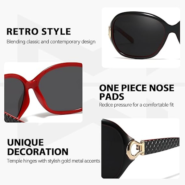 Polariserade solglasögon för kvinnor, trendiga överdimensionerade solglasögon mode dam solskydd anti-bländning UV400-skydd Black Red Frame Grey Lens