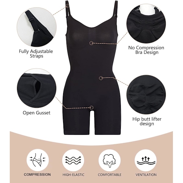 Kvinners Shapewear Body Suit Tummy Control Body Shaper Sømløs Skulptur Snatched Waist Body Suit Black Mid Thigh L