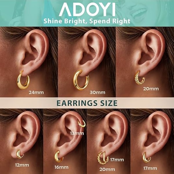 9 st set guldörhängen för kvinnor 14K guldpläterade tjocka creoler Twisted Huggie Hoop örhängen för present Lätt Gold