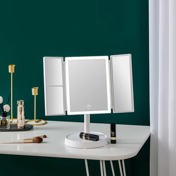 Trefaldig belyst sminkspegel med 3x/2x förstoring, LED 3 färgljus bänkskiva sminkspegel, resevikbar sminkspegel dampresent