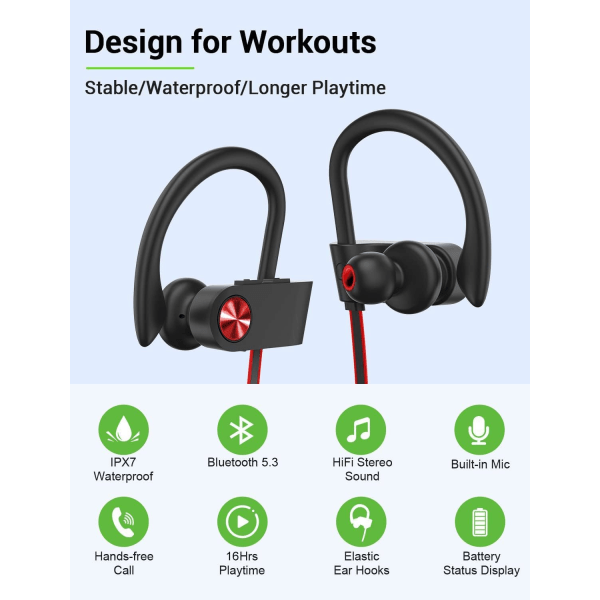 Bluetooth-hovedtelefoner, 5.3 trådløse sports-øretelefoner IPX7 vandtætte med mikrofon, stereo-svedsikre in-ear-hovedtelefoner, støjreducerende headset til fitnesscenterløb BlackRed