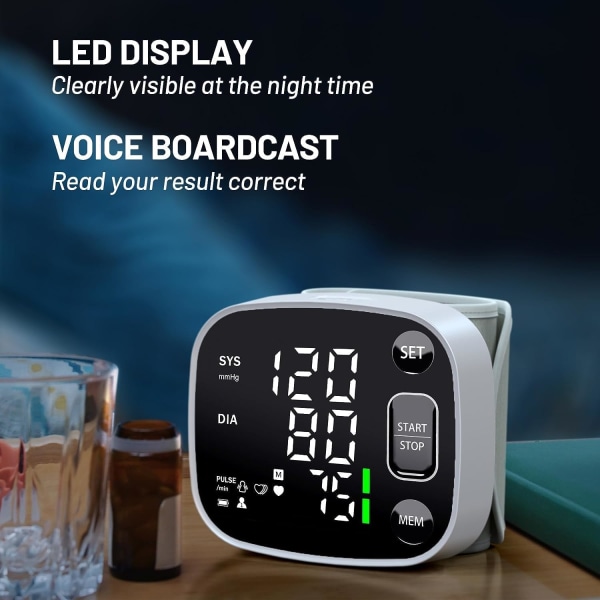 Blodtrycksmätare för hemmet Uppladdningsbar blodtrycksmanschett Handledd Digital BP-maskin med LED-bakgrundsbelyst display, röstmeddelande, 240 minne