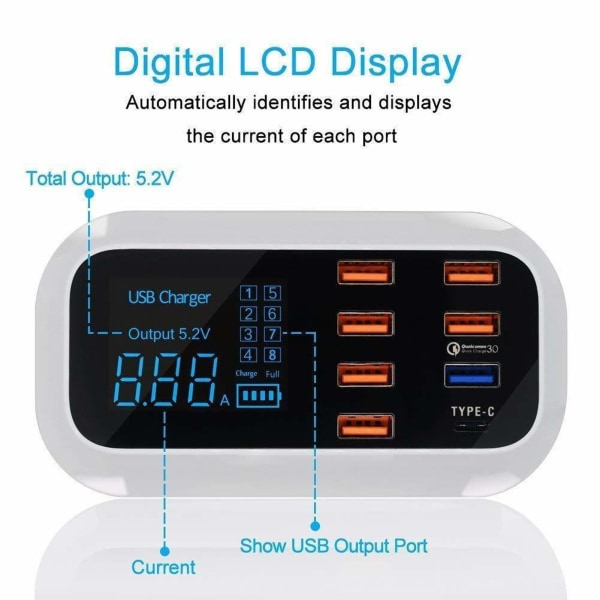 USB-latausasema 8 portin lataushubi 40W USB3.0 Type C LED-näyttö Piirisuojaus puhelimille tableteille 100-240V EU-pistoke