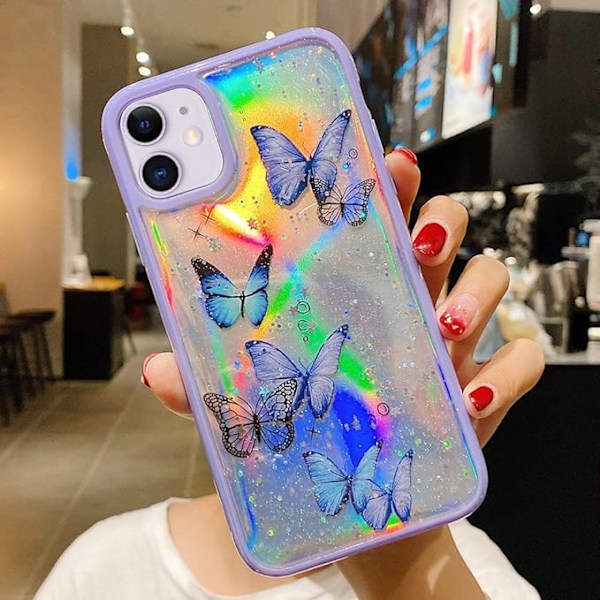 Girly Skal Kompatibelt med iPhone 12 Skal iPhone 12 Pro Skal Sött Iridescent Fjärilsdesign Laser Bling Glitterstjärnor för Tjejer Wo