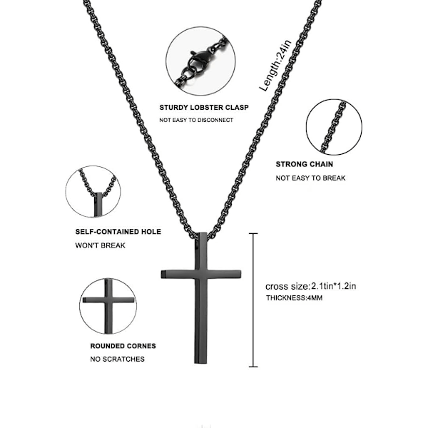 Korshalsband i silver, guld och svart rostfritt stål för män och kvinnor - enkelt och sött halsband med korshänge 3Pcs Black 2.1X1.2in