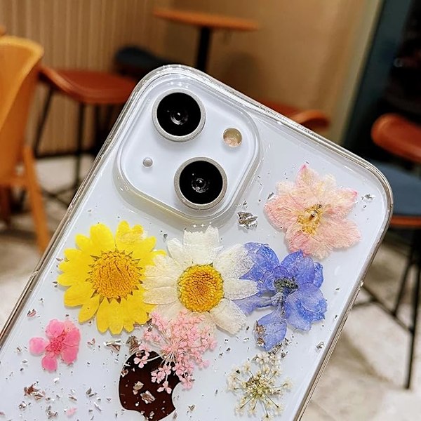 Blomsteret iPhone 13 Cover, Gennemsigtigt Sødt Glitter Presset Tørret Blomster Design Transparent Blød TPU Gummi Slankt Beskyttende Blomster Cover til Kvinder