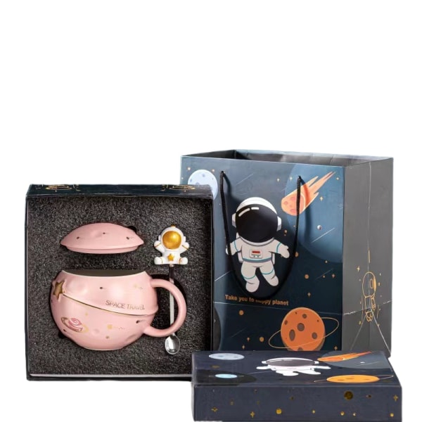 400 ml Astronaut Space Planet Mugg med lock och sked för kaffe, mjölk, presentfödelsedag för flicka pojke kvinnor, rosa (2)