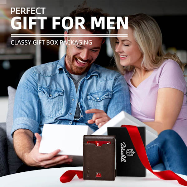Herrplånbok - Slim - Läder - RFID-blockerande plånbok för män Minimalistisk Bifold Kreditkortshållare med presentask Chocolate