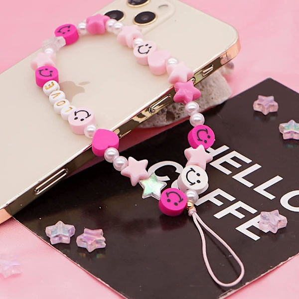 Pärltelefon handledsrem med smiley-ansikte, handgjord färgglad polymerlera akryl pärlor pärla telefon charm rem för kvinnor Grils Pink