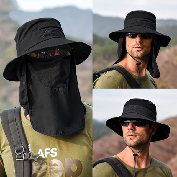 Solhattar för män och kvinnor Fiskehatt UPF 50+ Andningsbar bred brätte Sommar UV-skyddande hatt Black