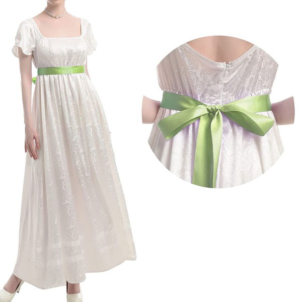 Damklänning med bälte Puffärmar Vit klänning för kvinnor Elegant Maxiklänning Halloween Cosplay Tea Party-L