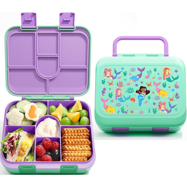 32oz 6-Rums Børne Bento Snack Box - Lækagesikker, BPA-fri Madkasse med Aftagelig Bakke, Tåler Mikroovn og Opvaskemaskine green