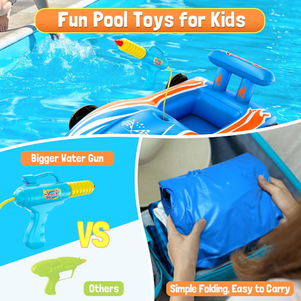 Oppustelig racerbil pool float med vandpistol - Sjov at ride på for børn i alderen 4 - 8, sommer udendørs swimmingpool legetøj til drenge og piger blue 47*10939cm