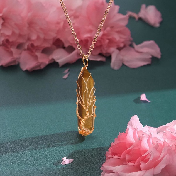 Läkande kristallhalsband Livets träd Wire Wrapped Natursten Spets Hänge Halsband Hexagonal Reiki Spirituell Kvarts Ädelsten Smycken för kvinnor M Tiger Eye