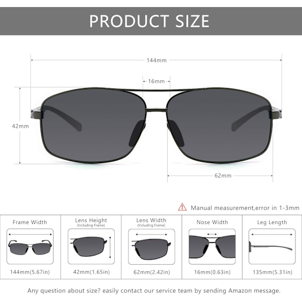Ultra lette rektangulære polariserte solbriller UV400 beskyttelse Gray Lens