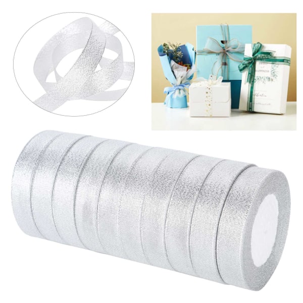 10 ruller Glitter satengbånd Polyester gaveinnpakning Bryllupsdekorasjon Festrekvisita Sølv