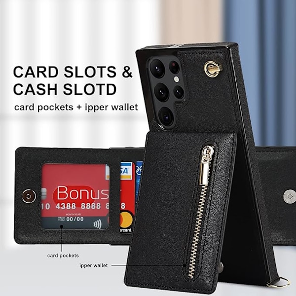 Læderpung til Samsung Galaxy S22 Ultra 5G Crossbody Taske med Rem Snøre Kreditkort Holder 6.8'' Støtteben Flip Cover