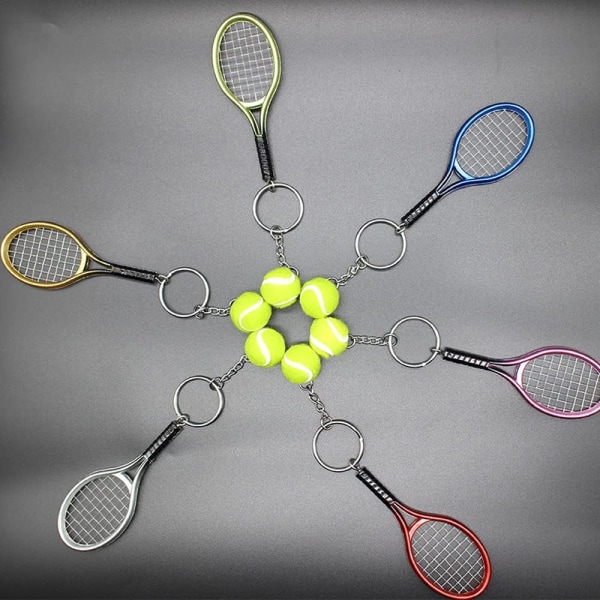 Färg Mini Tennis Racket med Boll Nyckelring Nyckelring 6 Pack