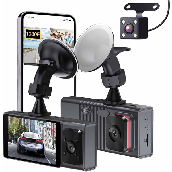 Dash Cam - Front og bakre innvendige 1080P Dash-kamera for biler, 3-kanals dashcam treveis bilkamera med infrarødt nattsyn, loop-opptak, APP C