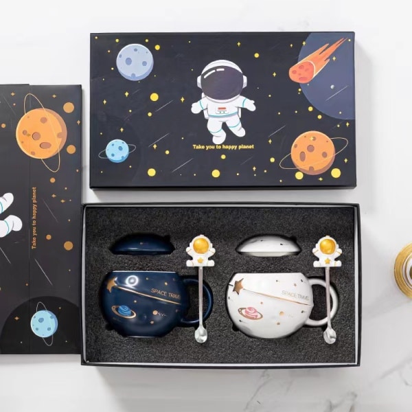 400 ml Astronaut Space Planet Mugg med lock och sked för kaffe, mjölk, presentfödelsedag för flickor pojke kvinnor, vit+mörkblå