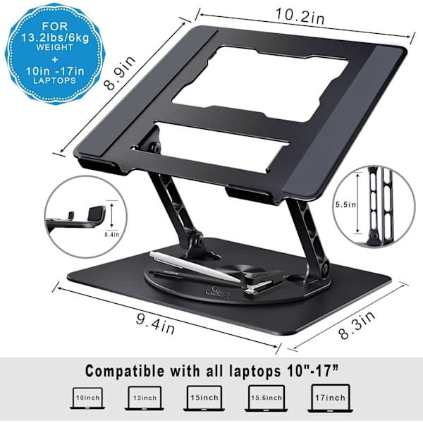 360° Roterande Laptopställ med Justerbar Höjd, Kraftig & Portabel Design, Passar De Flesta 17-Tums Bärbara Datorer, för Hem- & Kontorsbruk Black