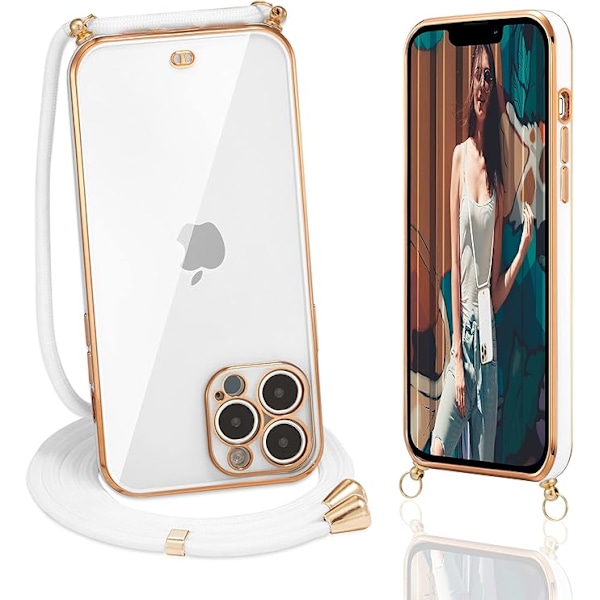 Crossbody-fodral för iPhone 13 Pro, transparent skal med guldkant och snodd, mjukt TPU, reptåligt och stöttåligt